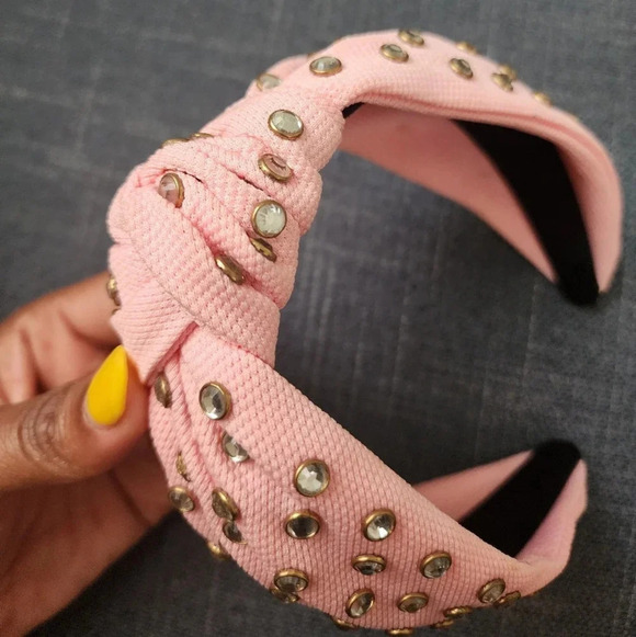 Crystal Studded Top Knot Women's Rhinestone Embellished Headband Coral Color - Picture 3 of 12